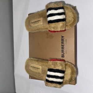 Burberry Tan Furry Slide Sandals with Black, White & Red Accents